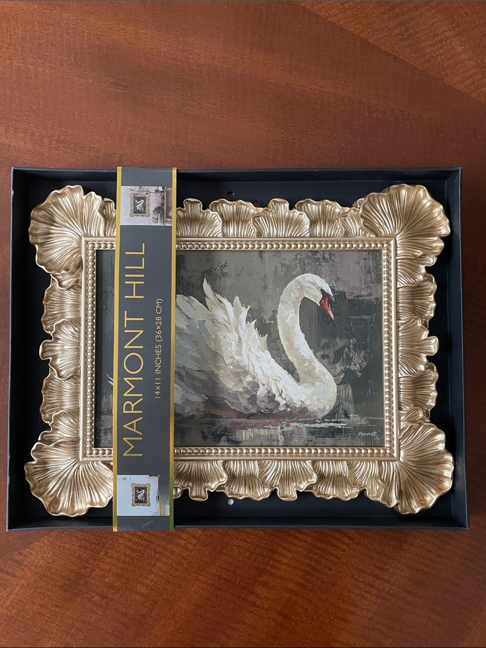 Marmont Hill Rectangle Ornate Leaf Frame Swan Canvas Painting Print Wall Art